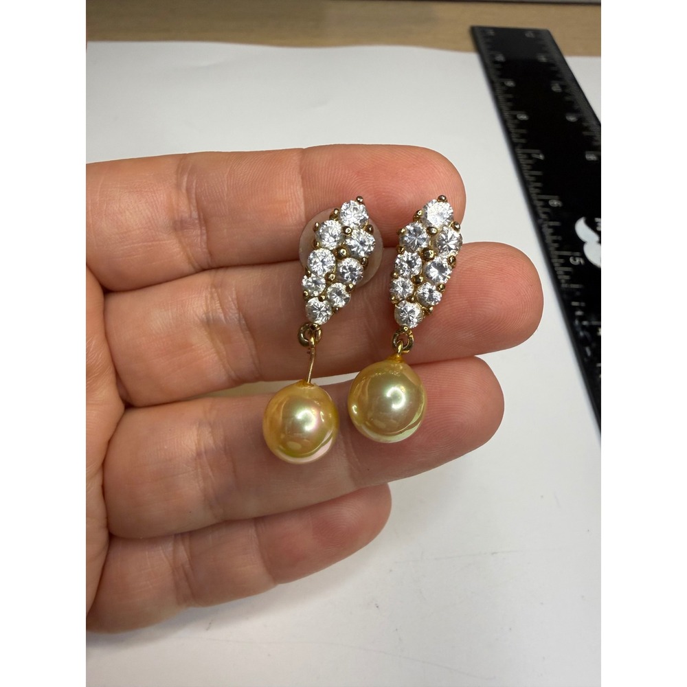 Gold Tone Champagne Faux Pearl Crystal Drop Earrings Wedding Formal Post Back